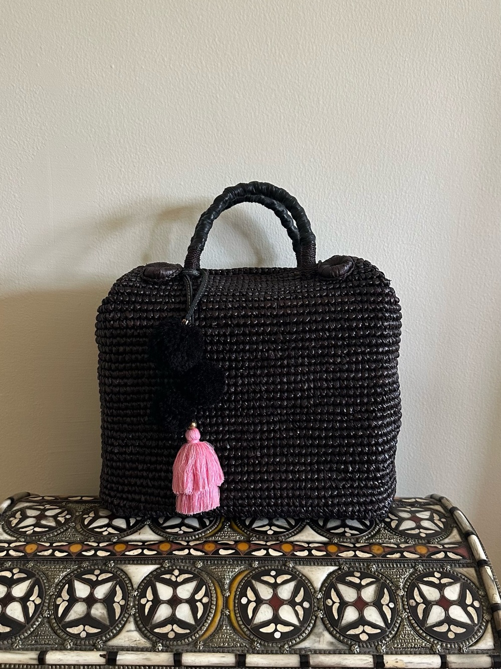 SENSI STUDIO Handwoven Dark Brown Women’s Tote Bag with Pom Detail ($390)